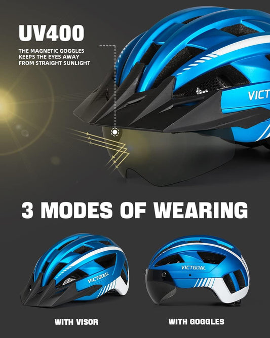 Bike Helmet with USB Rechargeable Rear Light Detachable Magnetic Goggles Removable Sun Visor Mountain & Road Bicycle Helmets for Men Women Adult Cycling Helmets
